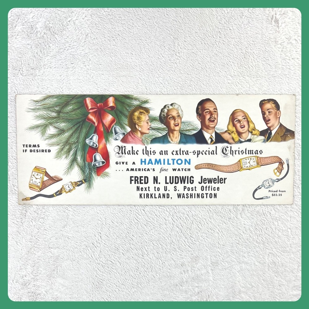 1950s Hamilton Watch Advertising Sign 11x28 Cardboard Display‎ Ludwig Jewelry WA